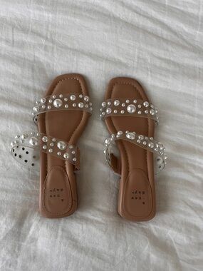 A New Day Women’s Tan Slide Sandals with Clear Pearl-Studded Straps Size 6